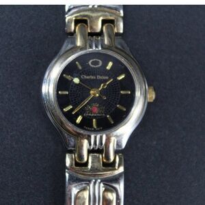 Charles Delon Black Dial Round Silver Tone Case Two Tone Band Watch New battery